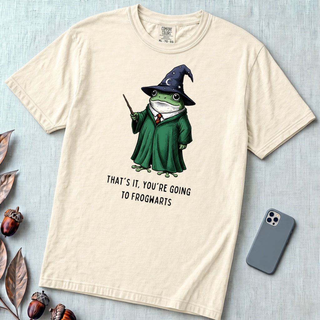 Frogwarts Wizard Frog T-Shirt. Fantasy Humor Tee - Ivory unfolded t-shirt mockup