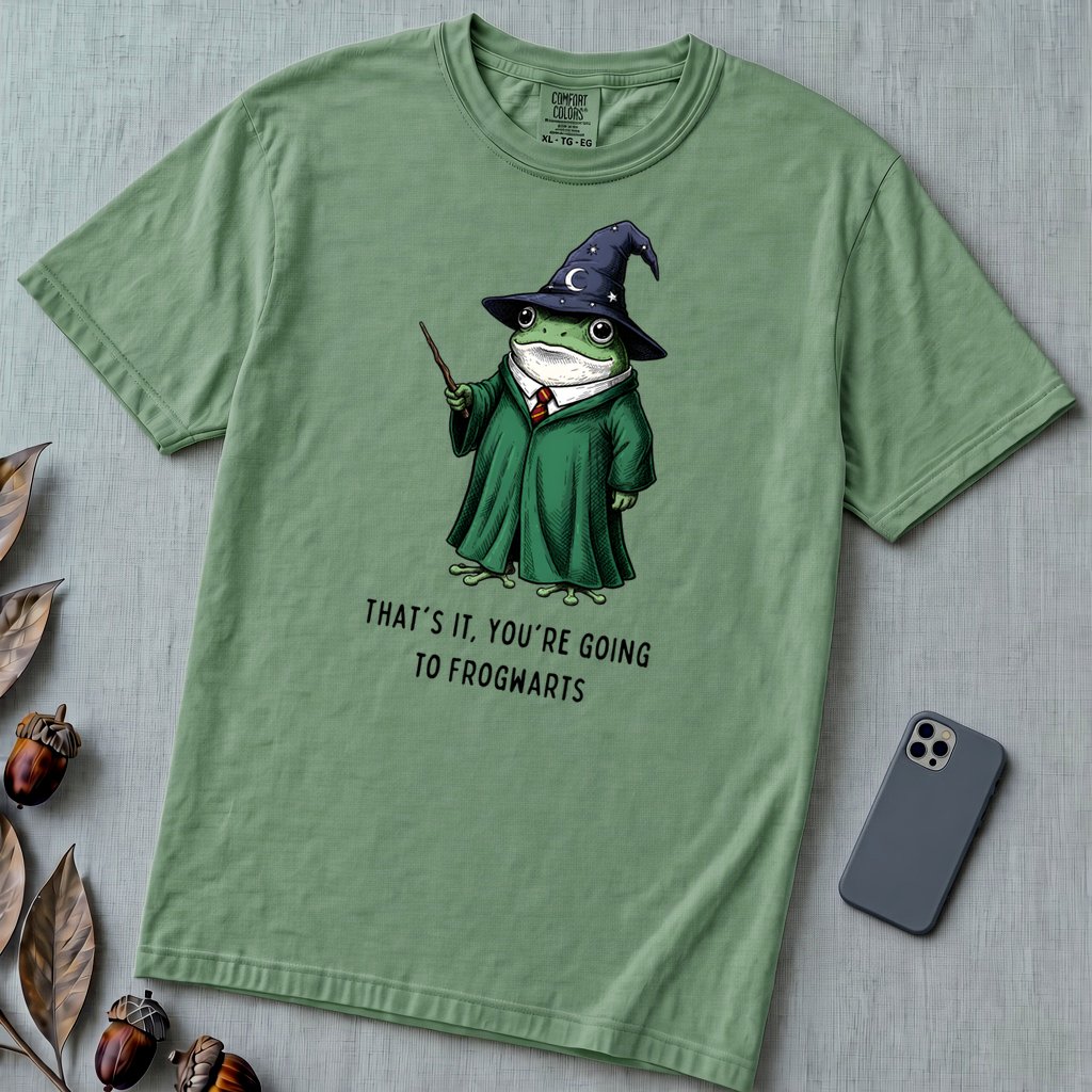 Frogwarts Wizard Frog T-Shirt. Fantasy Humor Tee - Light Green unfolded t-shirt mockup