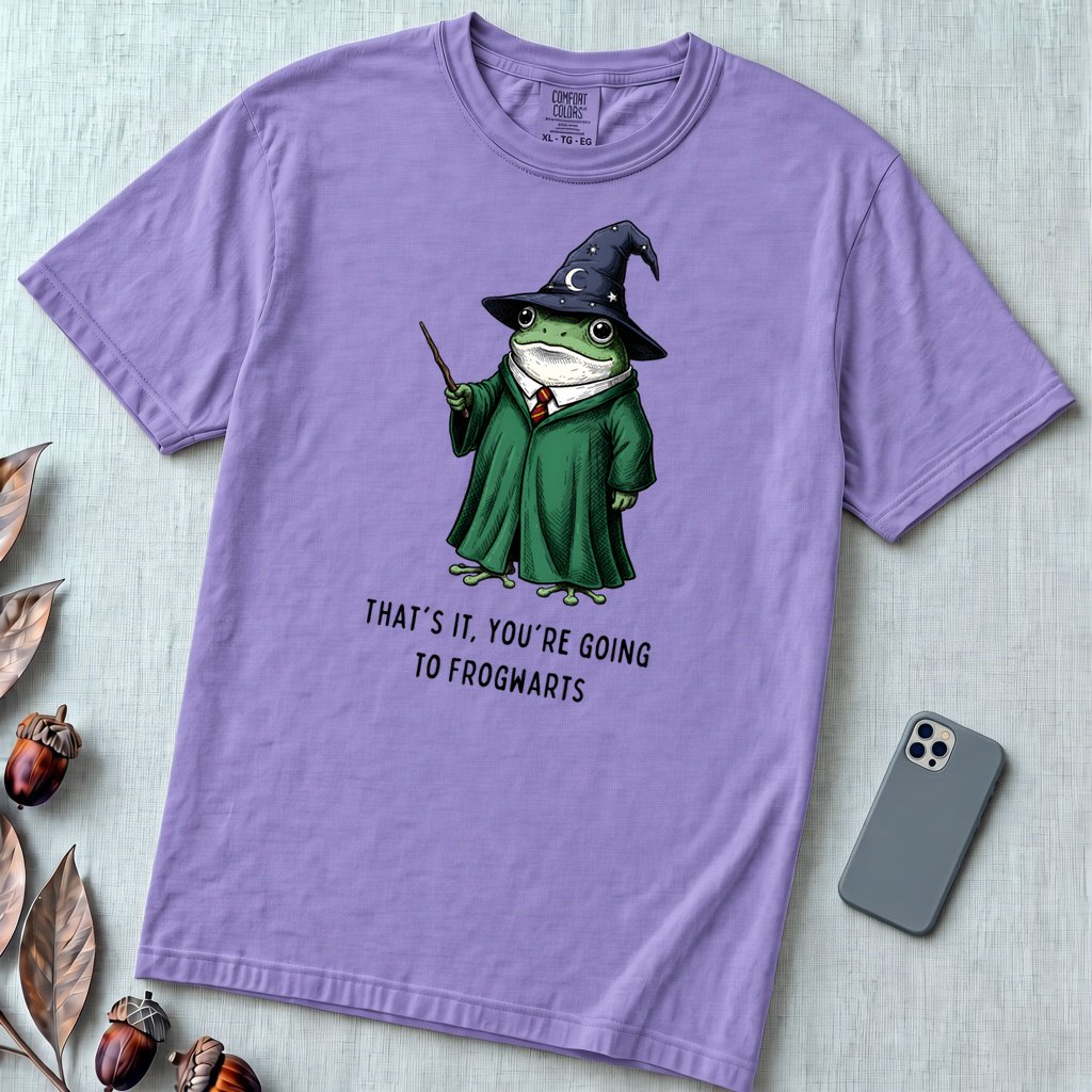 Frogwarts Wizard Frog T-Shirt. Fantasy Humor Tee - Violet unfolded t-shirt mockup