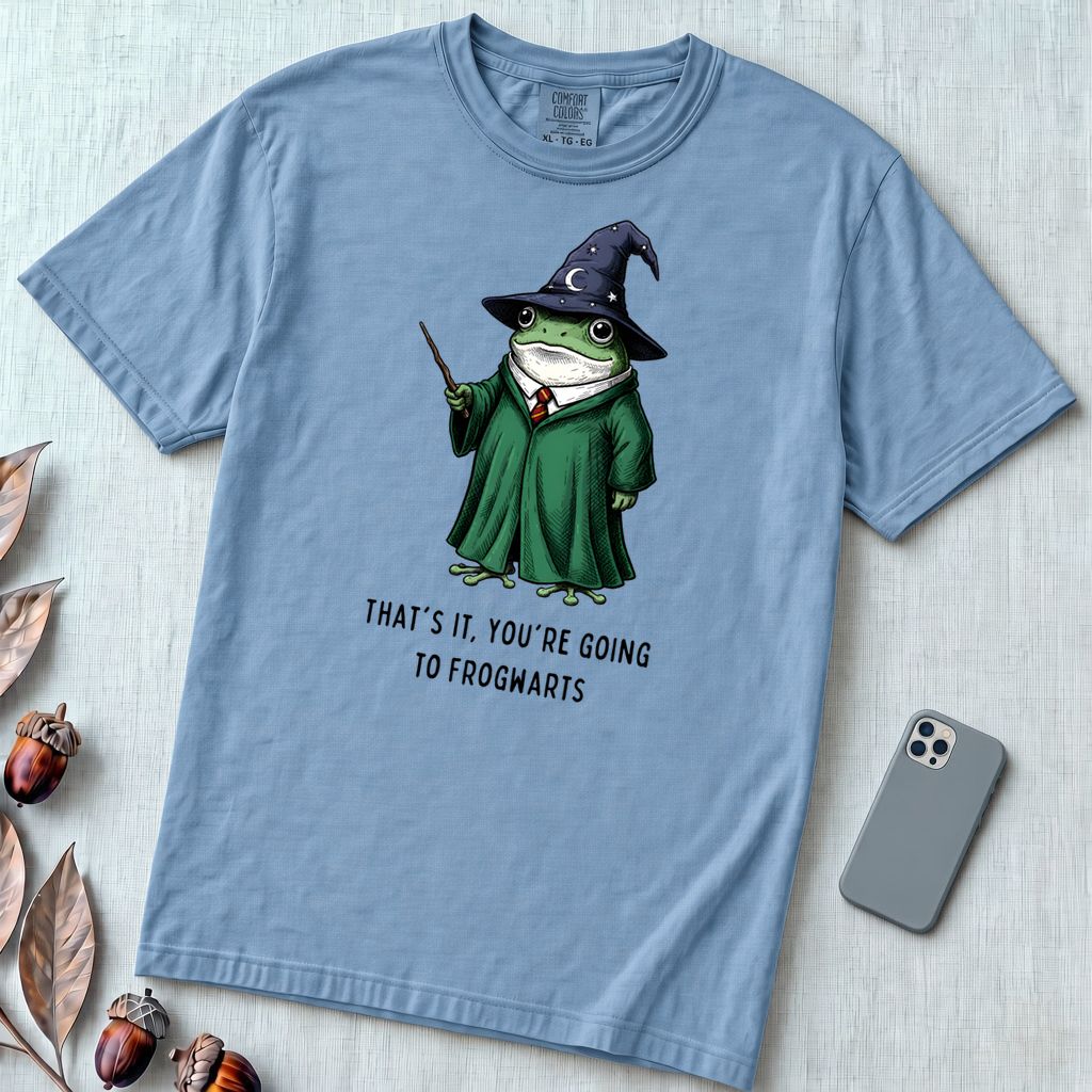 Frogwarts Wizard Frog T-Shirt. Fantasy Humor Tee - Washed Denim unfolded t-shirt mockup