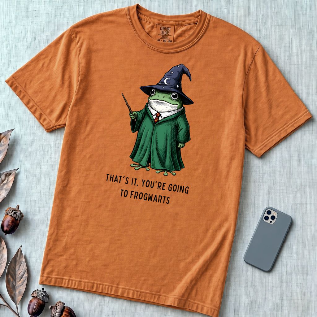 Frogwarts Wizard Frog T-Shirt. Fantasy Humor Tee - Yam unfolded t-shirt mockup