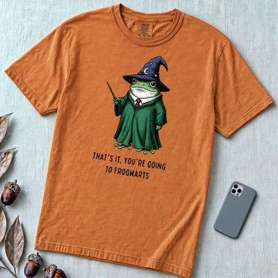 Frogwarts Wizard Frog T-Shirt. Fantasy Humor Tee - Yam unfolded t-shirt mockup