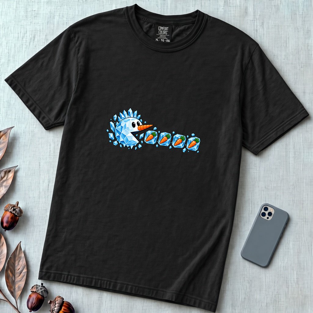 Frozen Snowman Chomp Christmas T-Shirt - Black unfolded t-shirt mockup