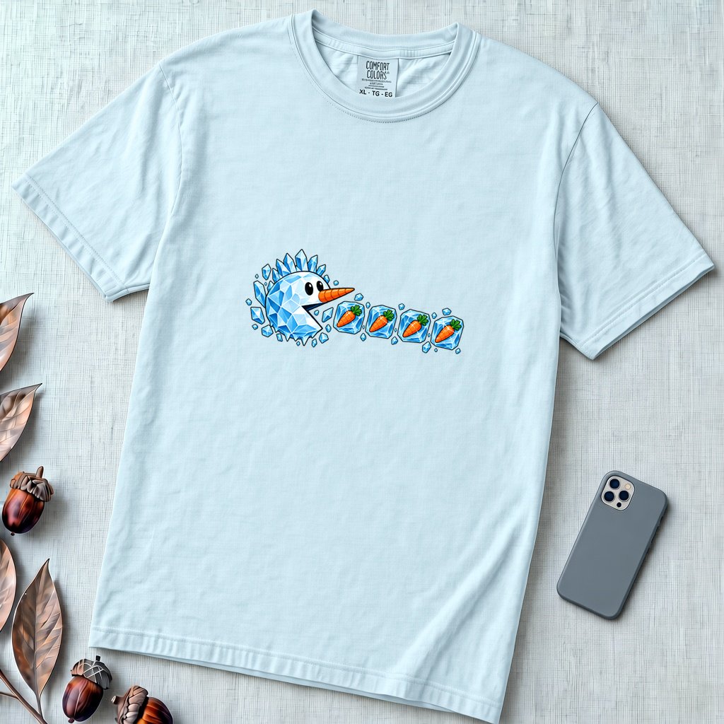 Frozen Snowman Chomp Christmas T-Shirt - Chambray unfolded t-shirt mockup