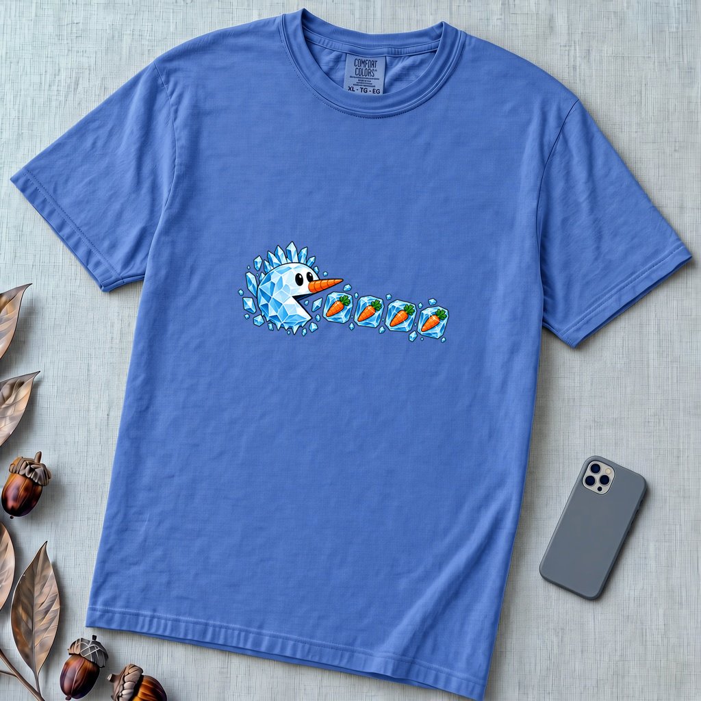 Frozen Snowman Chomp Christmas T-Shirt - Flo Blue unfolded t-shirt mockup