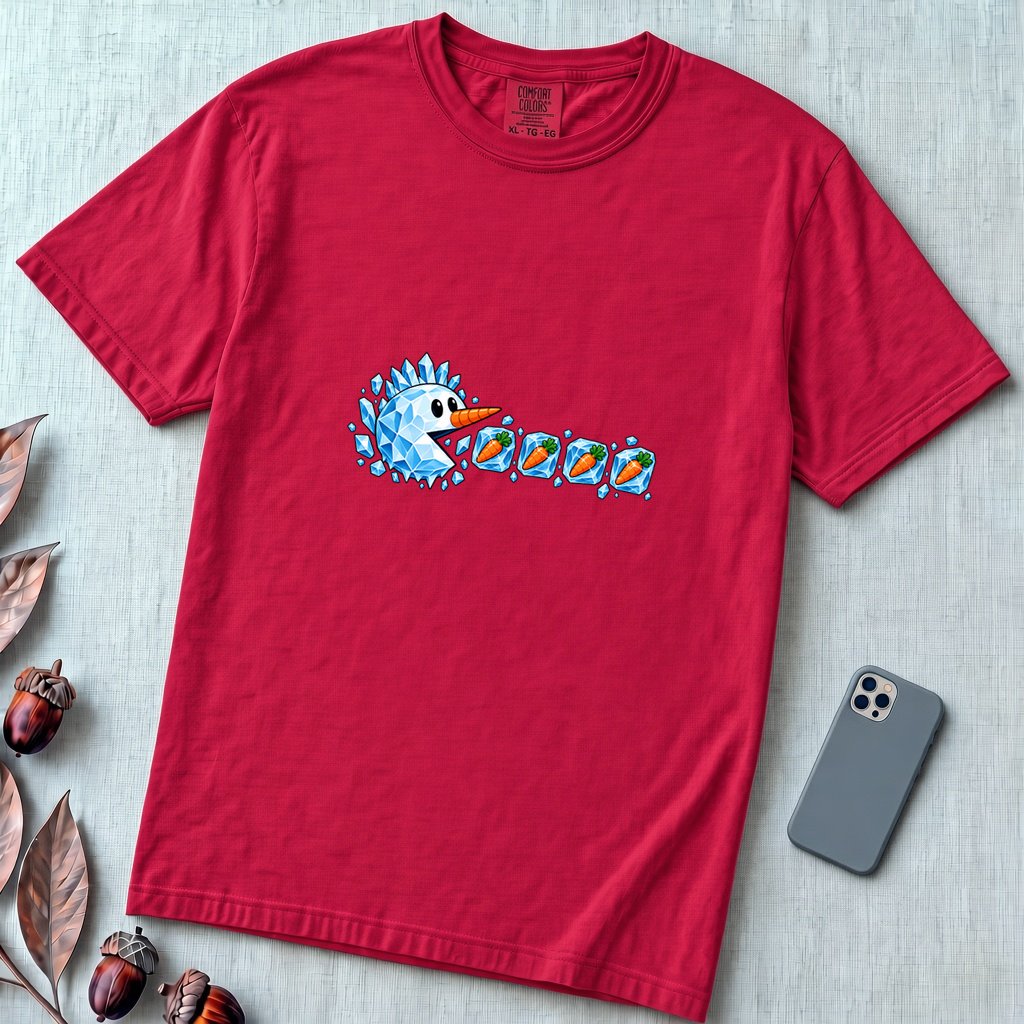 Frozen Snowman Chomp Christmas T-Shirt - Red unfolded t-shirt mockup