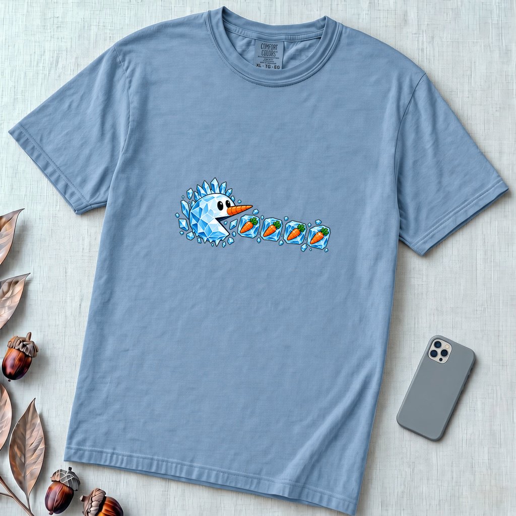 Frozen Snowman Chomp Christmas T-Shirt - Washed Denim unfolded t-shirt mockup