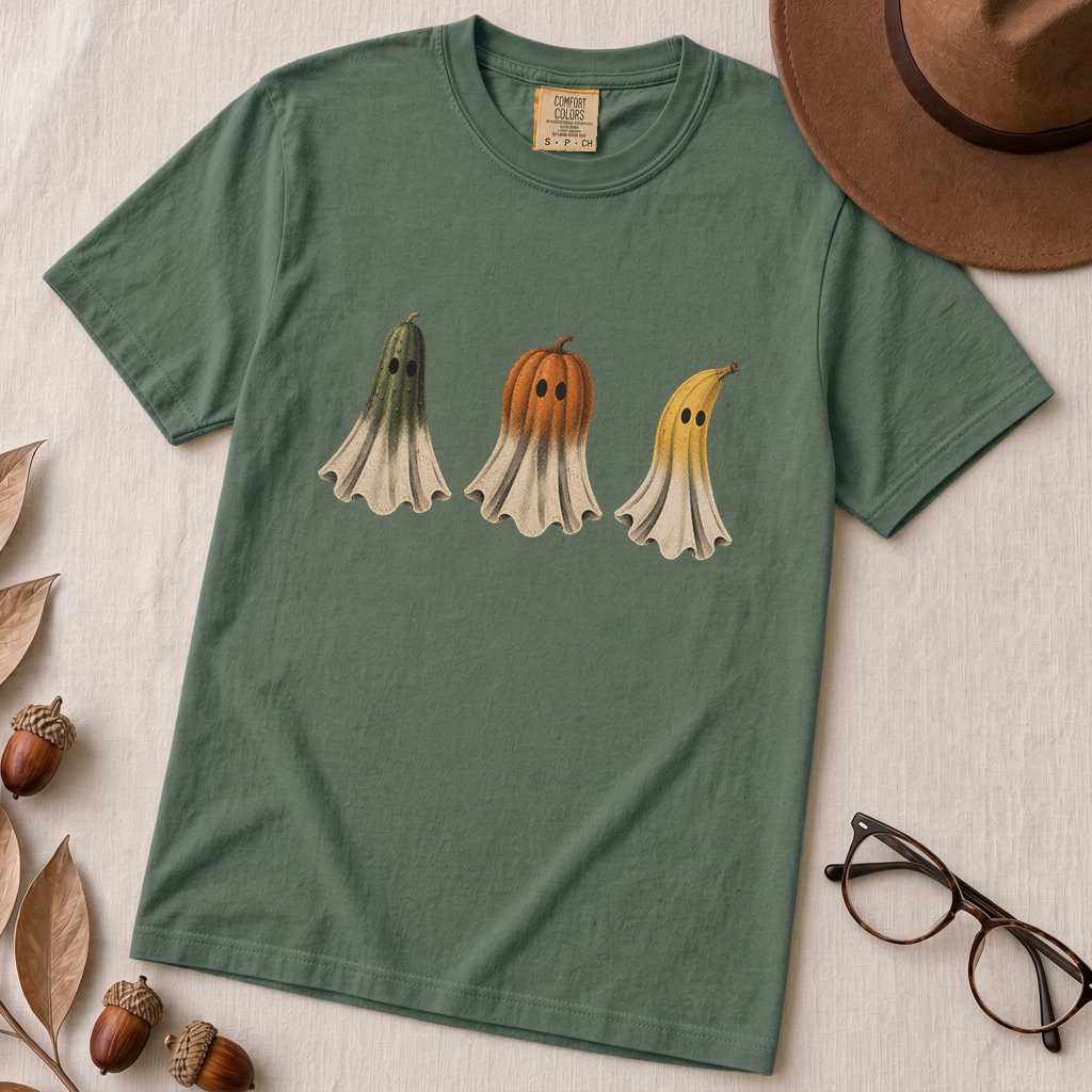 Fruit Ghosts Halloween T-Shirt, Funny Foodie Halloween - Blue Spruce unfolded t-shirt mockup