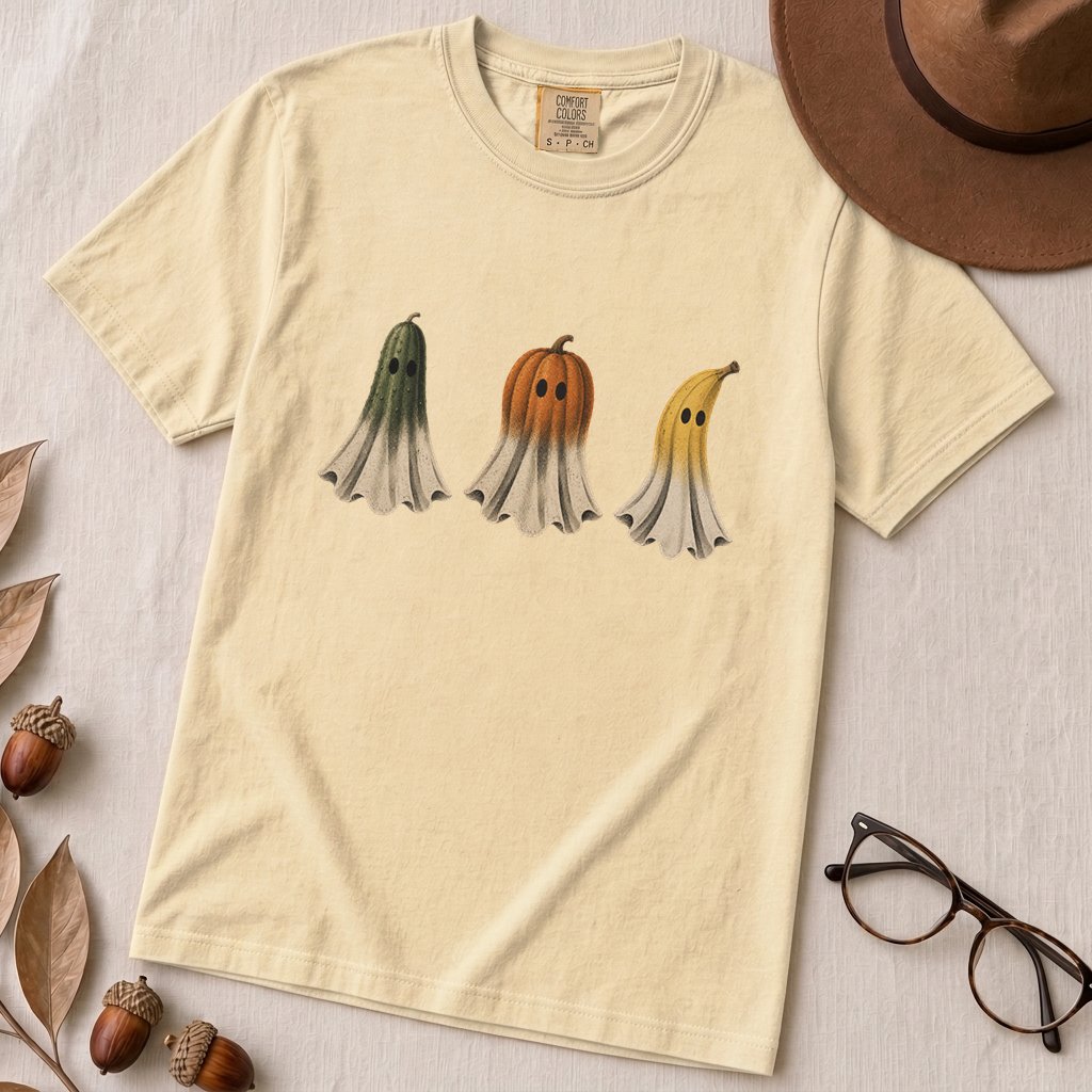 Fruit Ghosts Halloween T-Shirt, Funny Foodie Halloween - Ivory unfolded t-shirt mockup