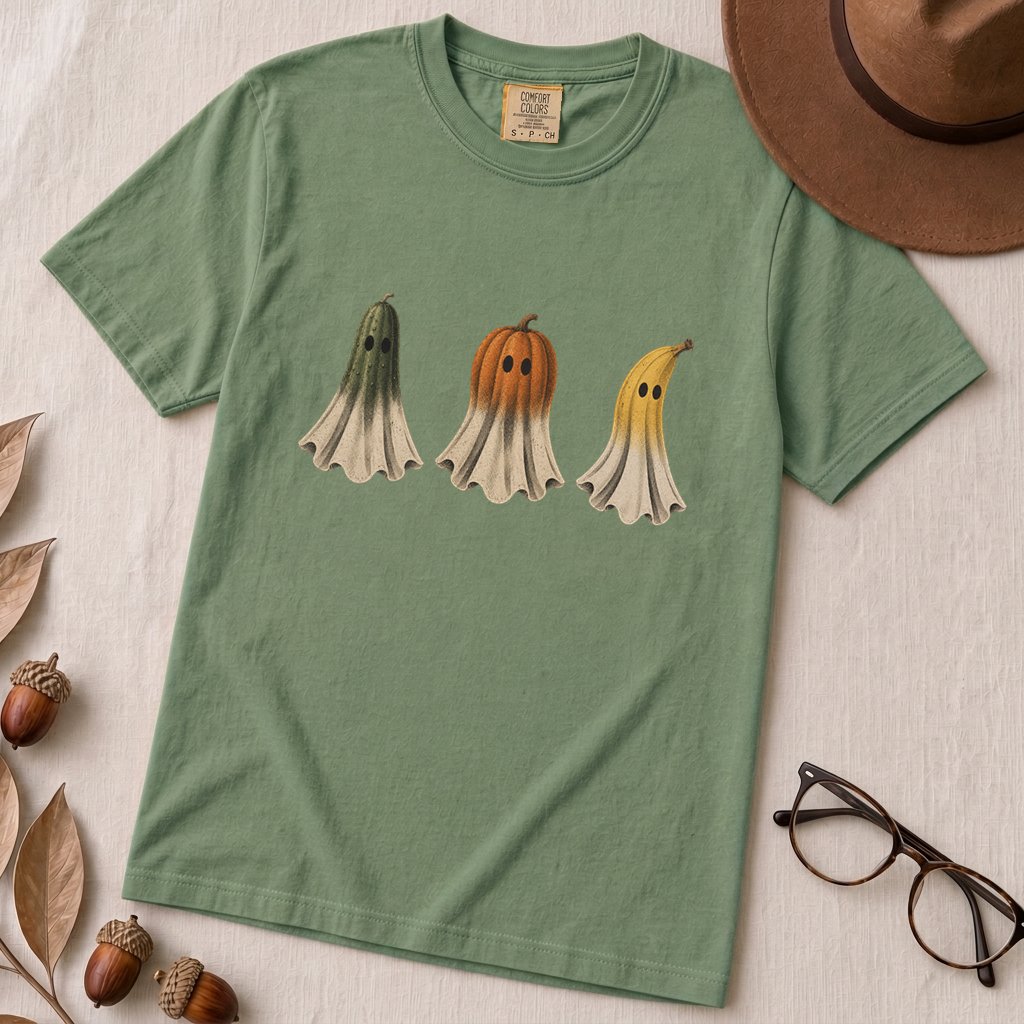 Fruit Ghosts Halloween T-Shirt, Funny Foodie Halloween - Light Green unfolded t-shirt mockup