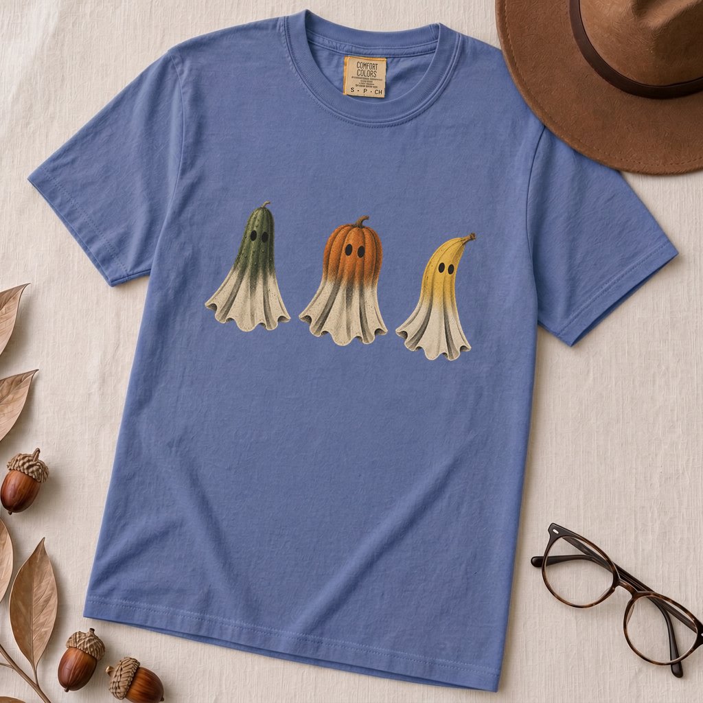 Fruit Ghosts Halloween T-Shirt, Funny Foodie Halloween - Mystic Blue unfolded t-shirt mockup