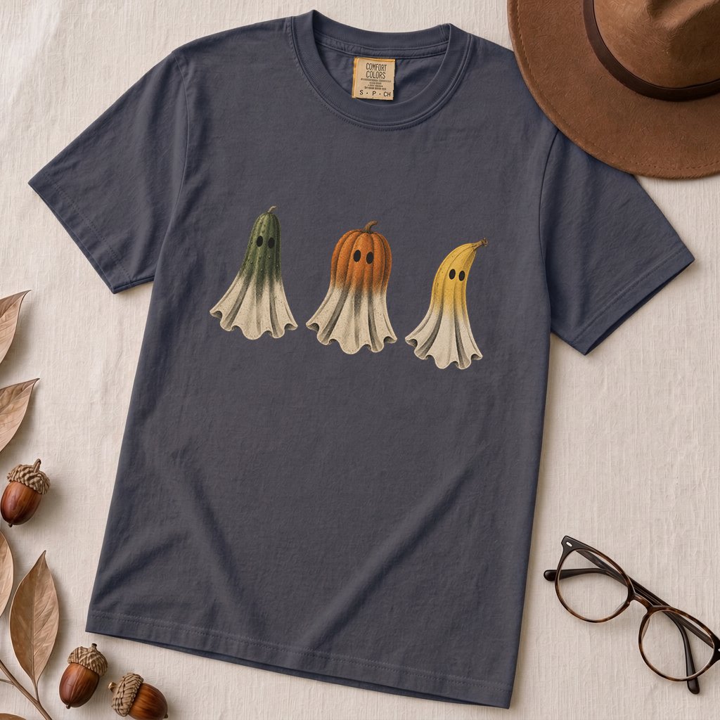 Fruit Ghosts Halloween T-Shirt, Funny Foodie Halloween - Navy unfolded t-shirt mockup