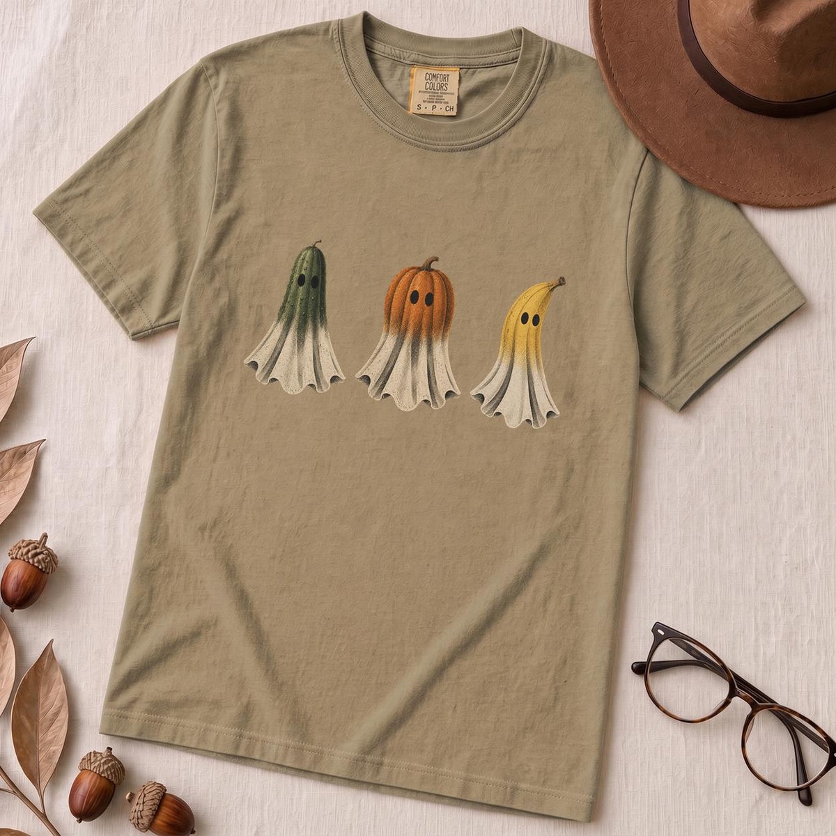 Fruit Ghosts Halloween T-Shirt, Funny Foodie Halloween - Sandstone unfolded t-shirt mockup