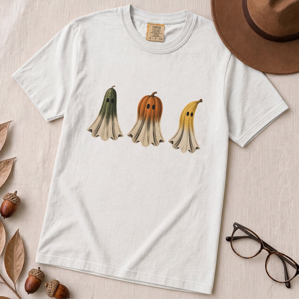 Fruit Ghosts Halloween T-Shirt, Funny Foodie Halloween - White unfolded t-shirt mockup