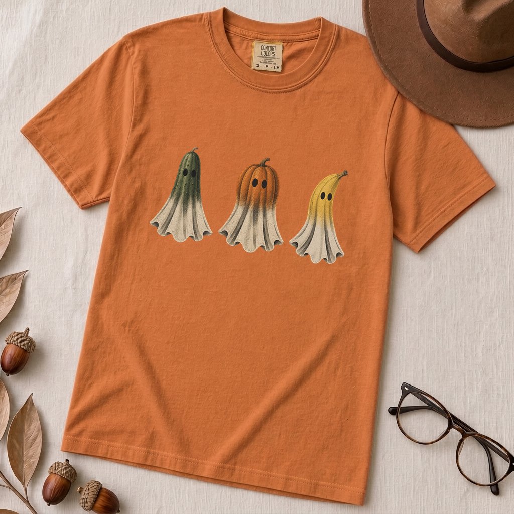 Fruit Ghosts Halloween T-Shirt, Funny Foodie Halloween - Yam unfolded t-shirt mockup