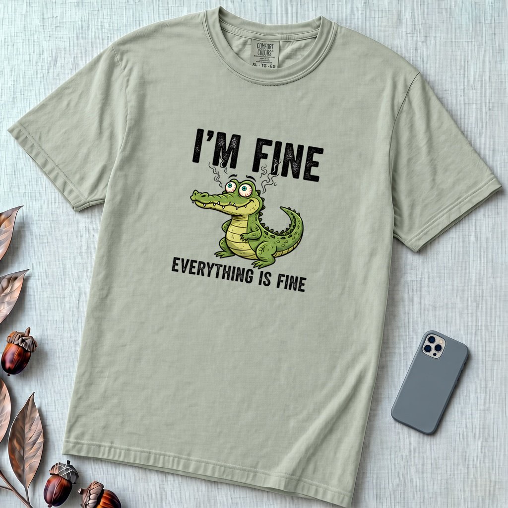 Funny Crocodile "I'm Fine Everything is Fine" T-Shirt, Burnout Humor Shirt - Bay unfolded t-shirt mockup