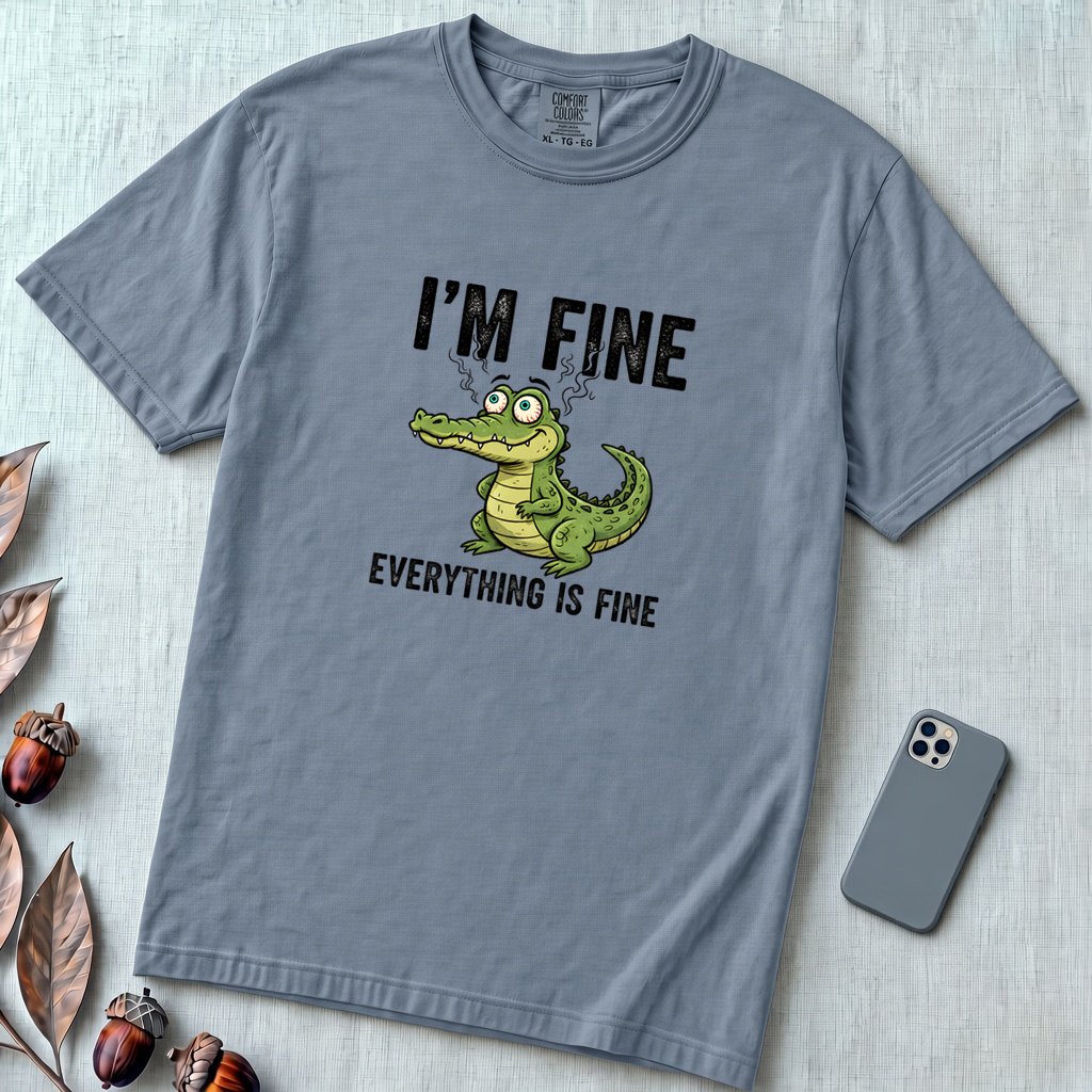 Funny Crocodile "I'm Fine Everything is Fine" T-Shirt, Burnout Humor Shirt - Blue Jean unfolded t-shirt mockup