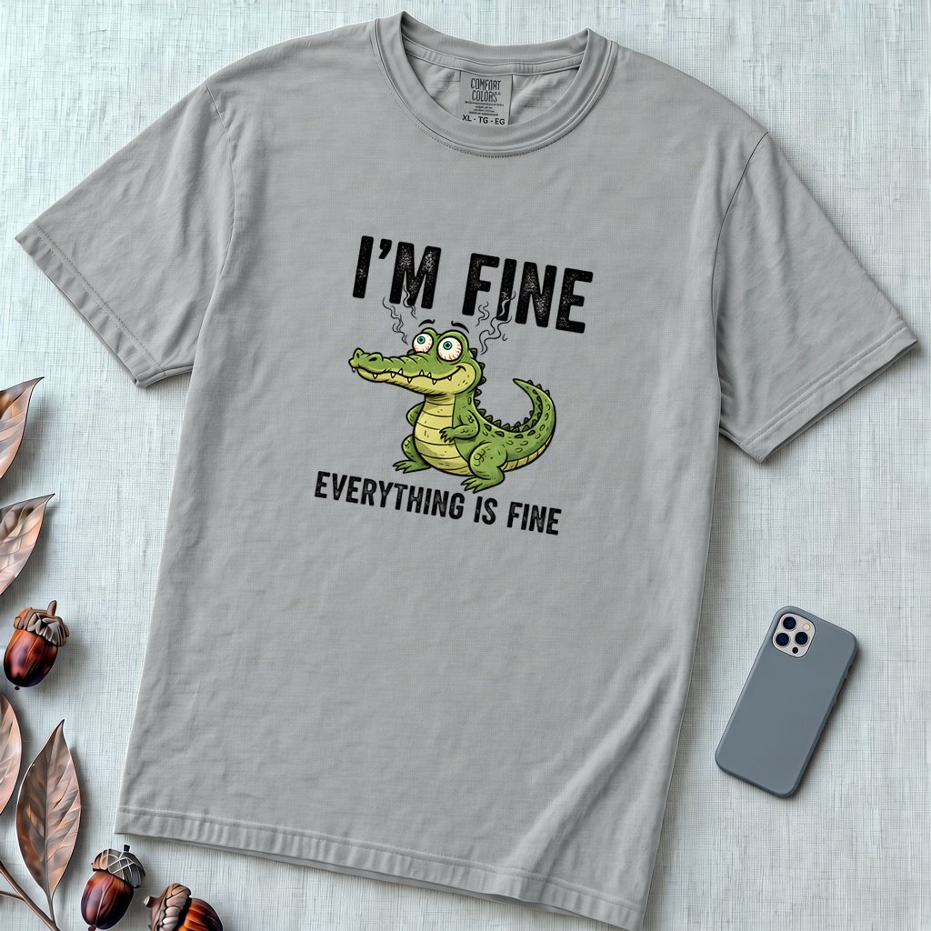 Funny Crocodile "I'm Fine Everything is Fine" T-Shirt, Burnout Humor Shirt - Granite unfolded t-shirt mockup