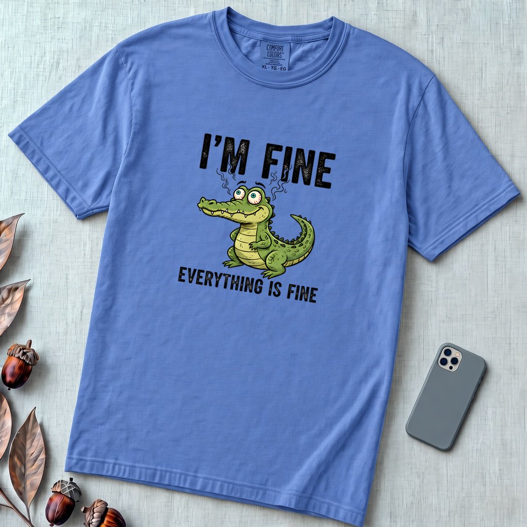 Funny Crocodile "I'm Fine Everything is Fine" T-Shirt, Burnout Humor Shirt - Mystic Blue unfolded t-shirt mockup