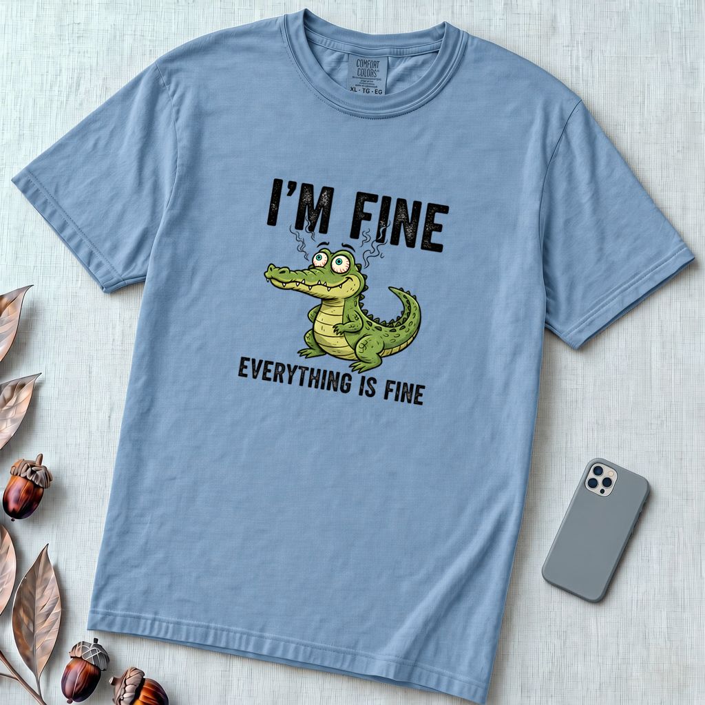 Funny Crocodile "I'm Fine Everything is Fine" T-Shirt, Burnout Humor Shirt - Washed Denim unfolded t-shirt mockup