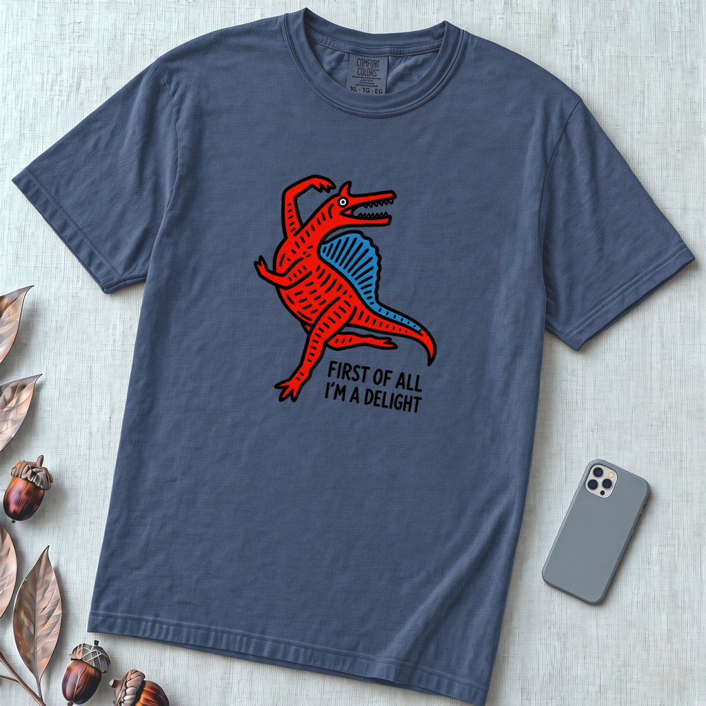 Funny Dinosaur T-Shirt “First Of All I’m A Delight” - Denim unfolded t-shirt mockup