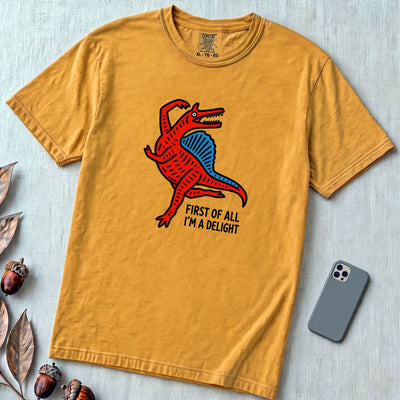Funny Dinosaur T-Shirt “First Of All I’m A Delight” - Mustard unfolded t-shirt mockup