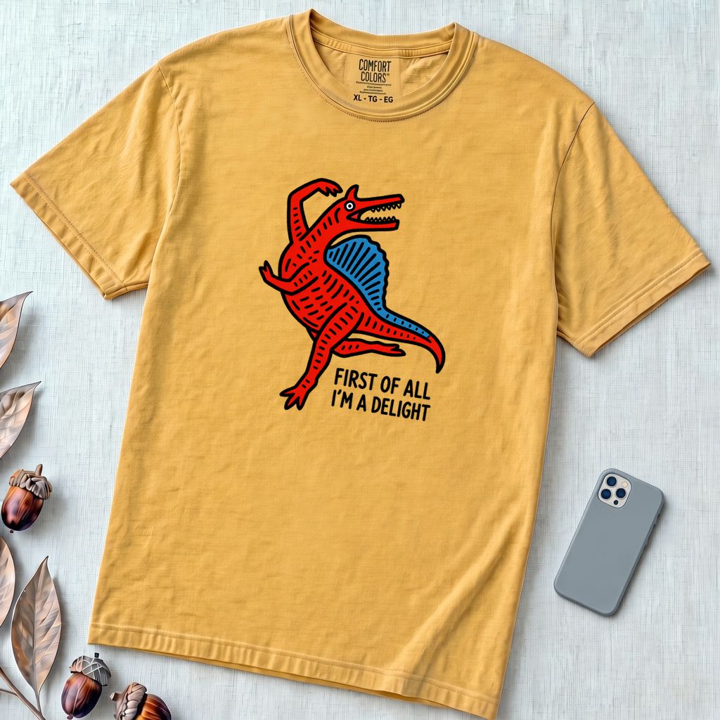 Funny Dinosaur T-Shirt “First Of All I’m A Delight” - Mustard unfolded t-shirt mockup
