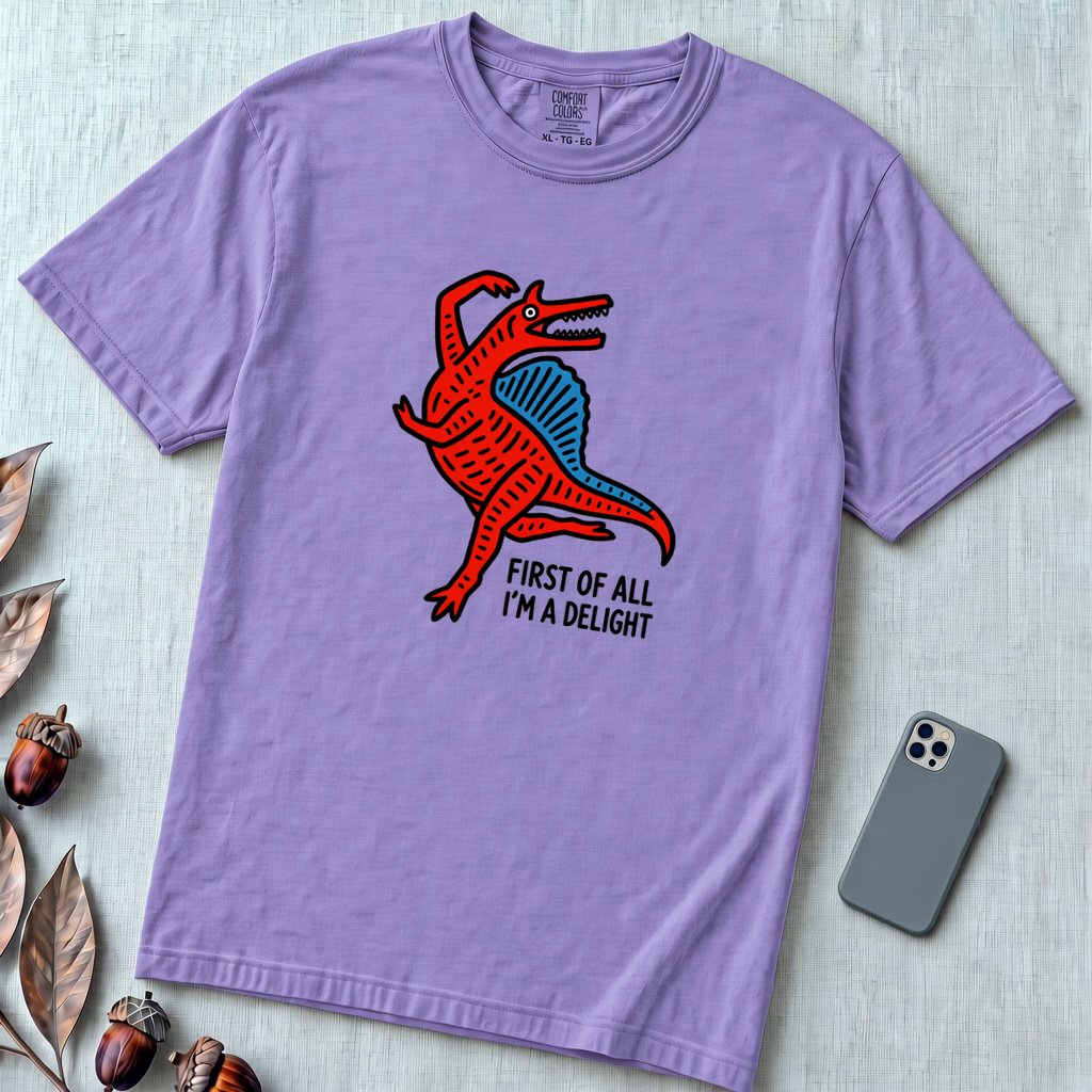 Funny Dinosaur T-Shirt “First Of All I’m A Delight” - Violet unfolded t-shirt mockup