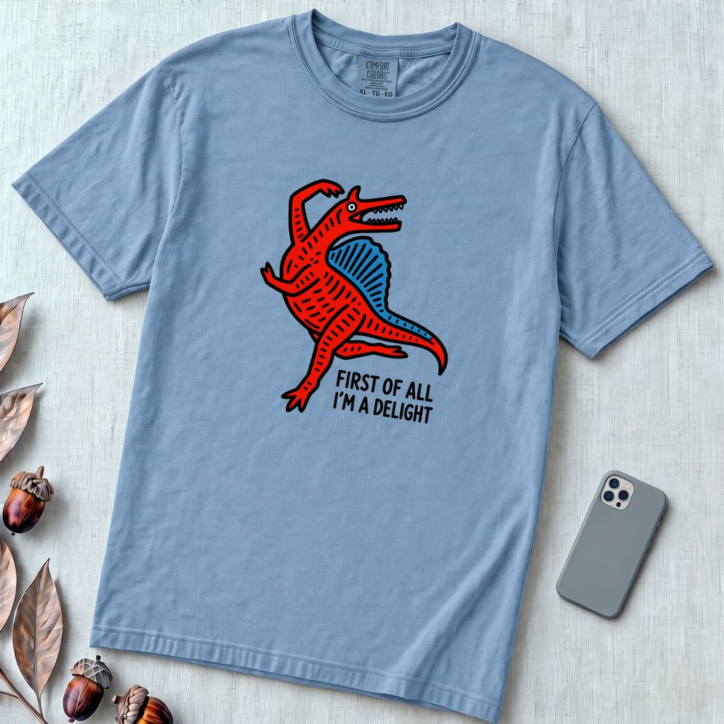 Funny Dinosaur T-Shirt “First Of All I’m A Delight” - Washed Denim unfolded t-shirt mockup