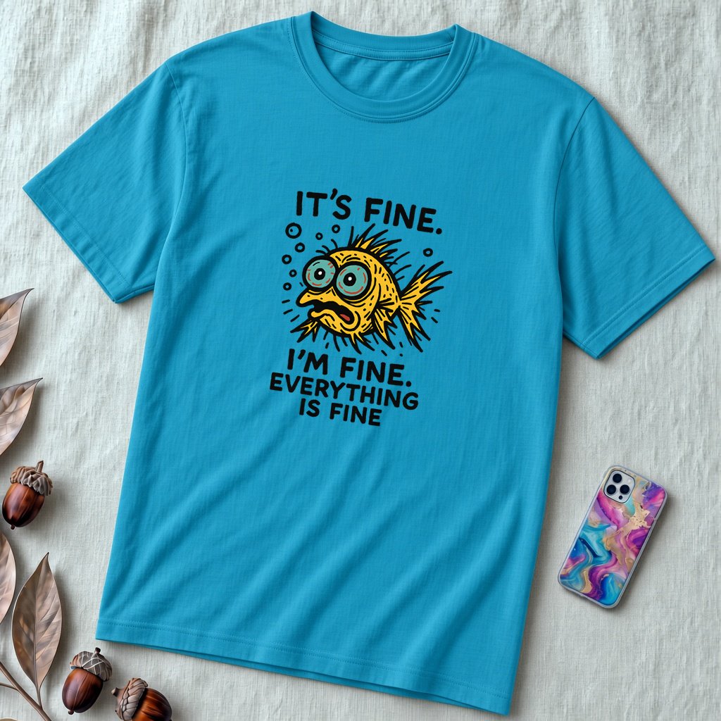 Funny Fish “It’s Fine” Mental Health Humor Sarcastic Panic Meme Tee - Aqua unfolded t-shirt mockup