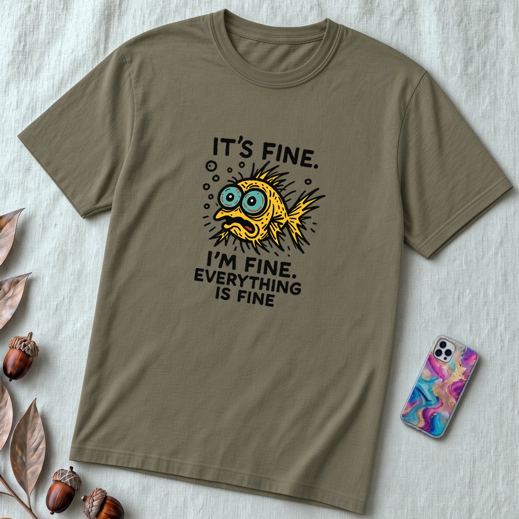 Funny Fish “It’s Fine” Mental Health Humor Sarcastic Panic Meme Tee - Army unfolded t-shirt mockup