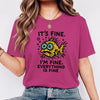 Funny Fish “It’s Fine” Mental Health Humor Sarcastic Panic Meme Tee - Berry on-model t-shirt mockup