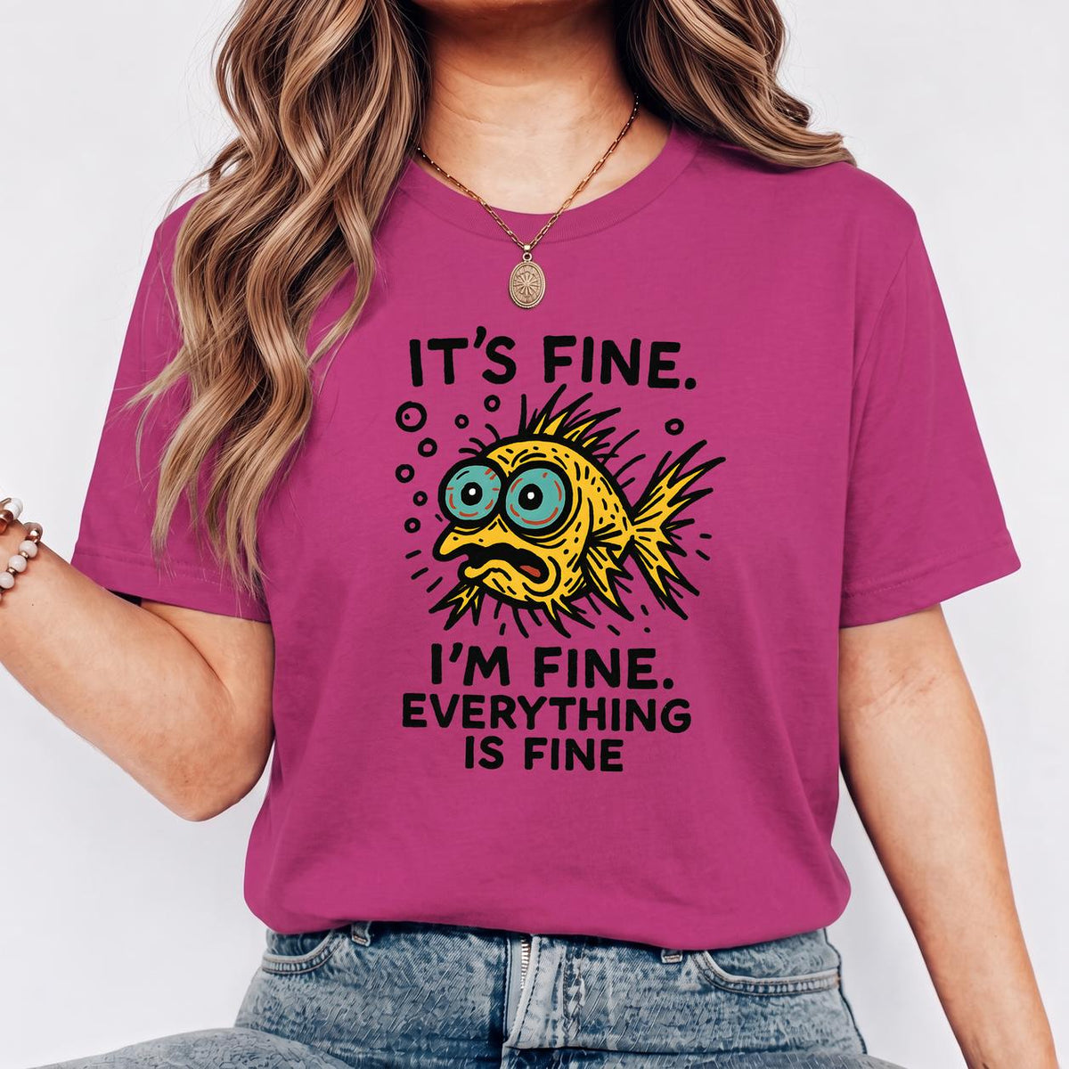 Funny Fish “It’s Fine” Mental Health Humor Sarcastic Panic Meme Tee - Berry on-model t-shirt mockup