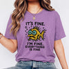 Funny Fish “It’s Fine” Mental Health Humor Sarcastic Panic Meme Tee - Heather Team Purple on-model t-shirt mockup