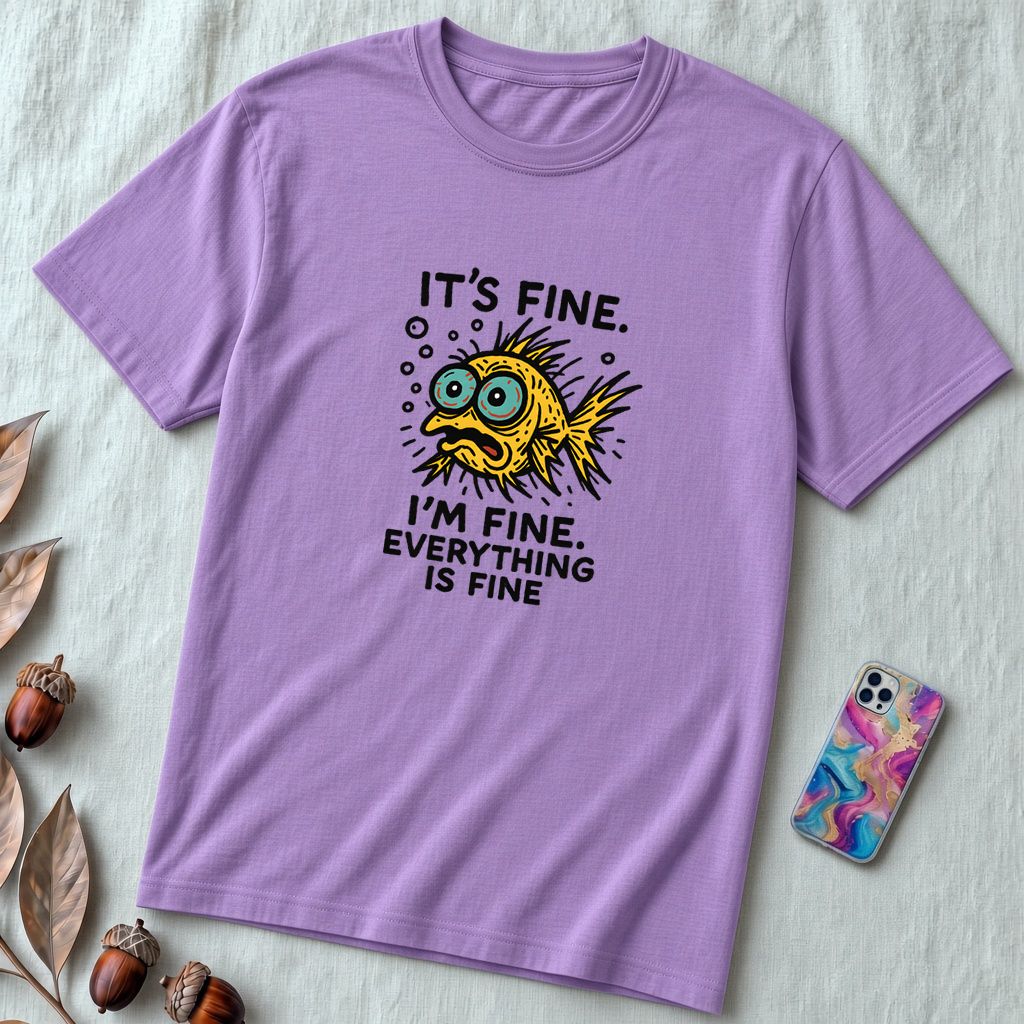 Funny Fish “It’s Fine” Mental Health Humor Sarcastic Panic Meme Tee - Heather Team Purple unfolded t-shirt mockup