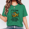 Funny Fish “It’s Fine” Mental Health Humor Sarcastic Panic Meme Tee - Kelly on-model t-shirt mockup