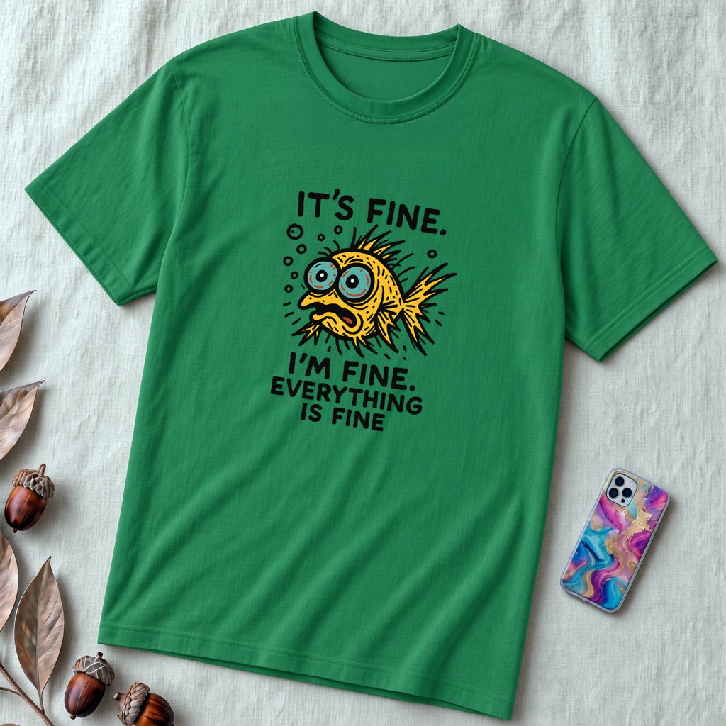 Funny Fish “It’s Fine” Mental Health Humor Sarcastic Panic Meme Tee - Kelly unfolded t-shirt mockup