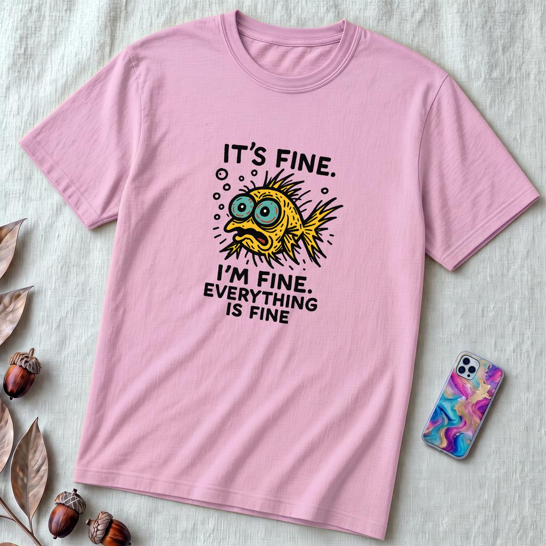 Funny Fish “It’s Fine” Mental Health Humor Sarcastic Panic Meme Tee - Lilac unfolded t-shirt mockup