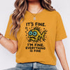 Funny Fish “It’s Fine” Mental Health Humor Sarcastic Panic Meme Tee - Mustard on-model t-shirt mockup