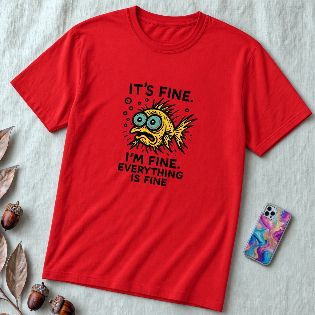 Funny Fish “It’s Fine” Mental Health Humor Sarcastic Panic Meme Tee - Red unfolded t-shirt mockup
