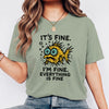 Funny Fish “It’s Fine” Mental Health Humor Sarcastic Panic Meme Tee - Sage on-model t-shirt mockup