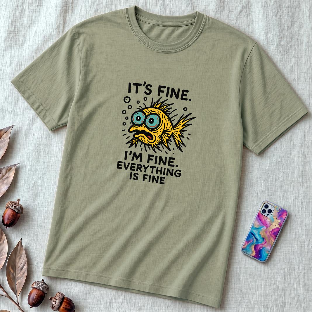 Funny Fish “It’s Fine” Mental Health Humor Sarcastic Panic Meme Tee - Sage unfolded t-shirt mockup