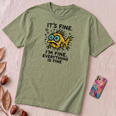 Funny Fish “It’s Fine” Mental Health Humor Sarcastic Panic Meme Tee - Sage unfolded t-shirt mockup