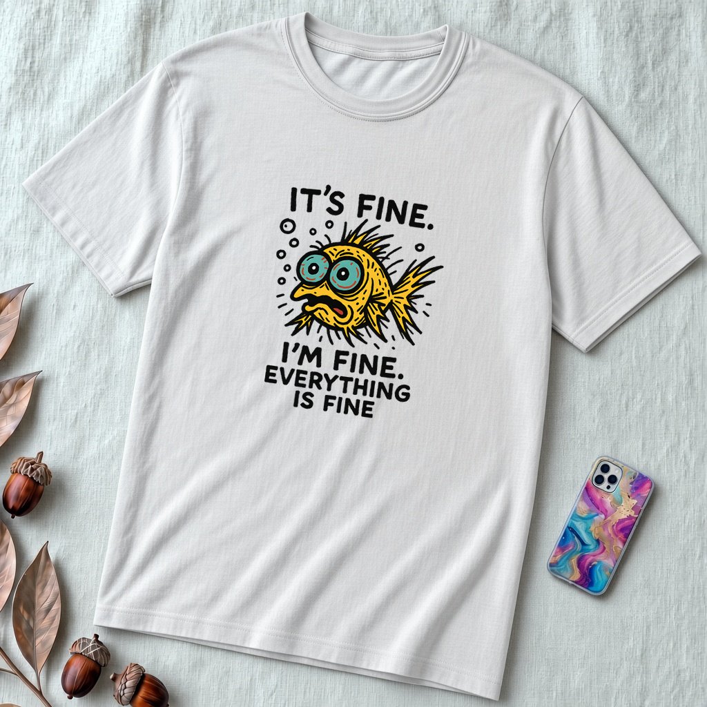 Funny Fish “It’s Fine” Mental Health Humor Sarcastic Panic Meme Tee - Silver unfolded t-shirt mockup