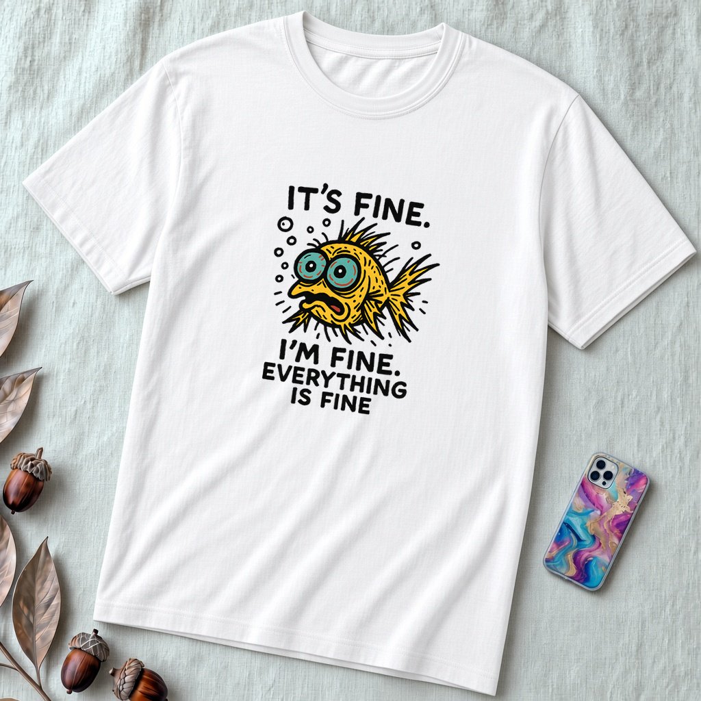 Funny Fish “It’s Fine” Mental Health Humor Sarcastic Panic Meme Tee - Solid White Blend unfolded t-shirt mockup