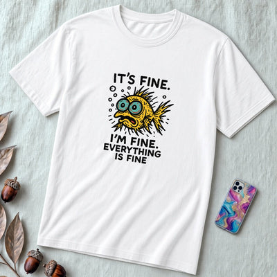 Funny Fish “It’s Fine” Mental Health Humor Sarcastic Panic Meme Tee - Solid White Blend unfolded t-shirt mockup