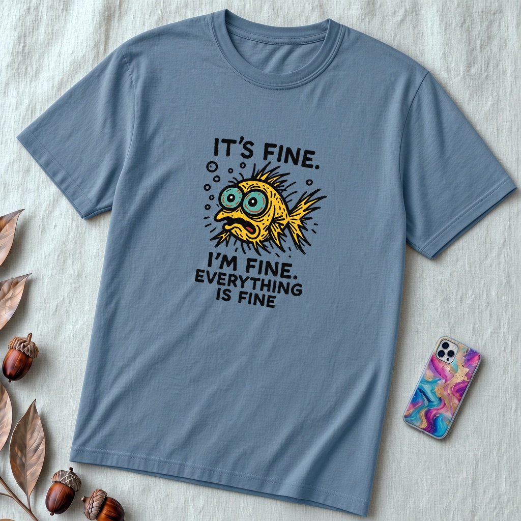 Funny Fish “It’s Fine” Mental Health Humor Sarcastic Panic Meme Tee - Steel Blue unfolded t-shirt mockup