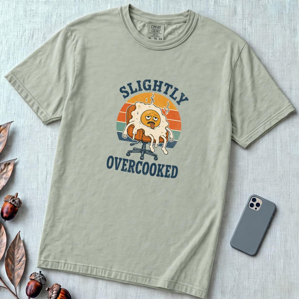 Funny Fried Egg Burnout T-Shirt, Slightly Overcooked Tee - Bay unfolded t-shirt mockup
