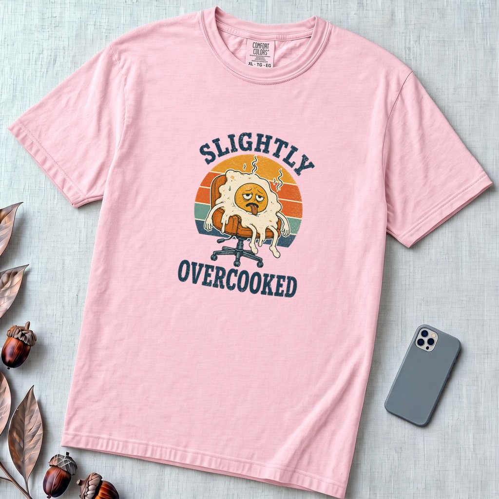 Funny Fried Egg Burnout T-Shirt, Slightly Overcooked Tee - Blossom unfolded t-shirt mockup