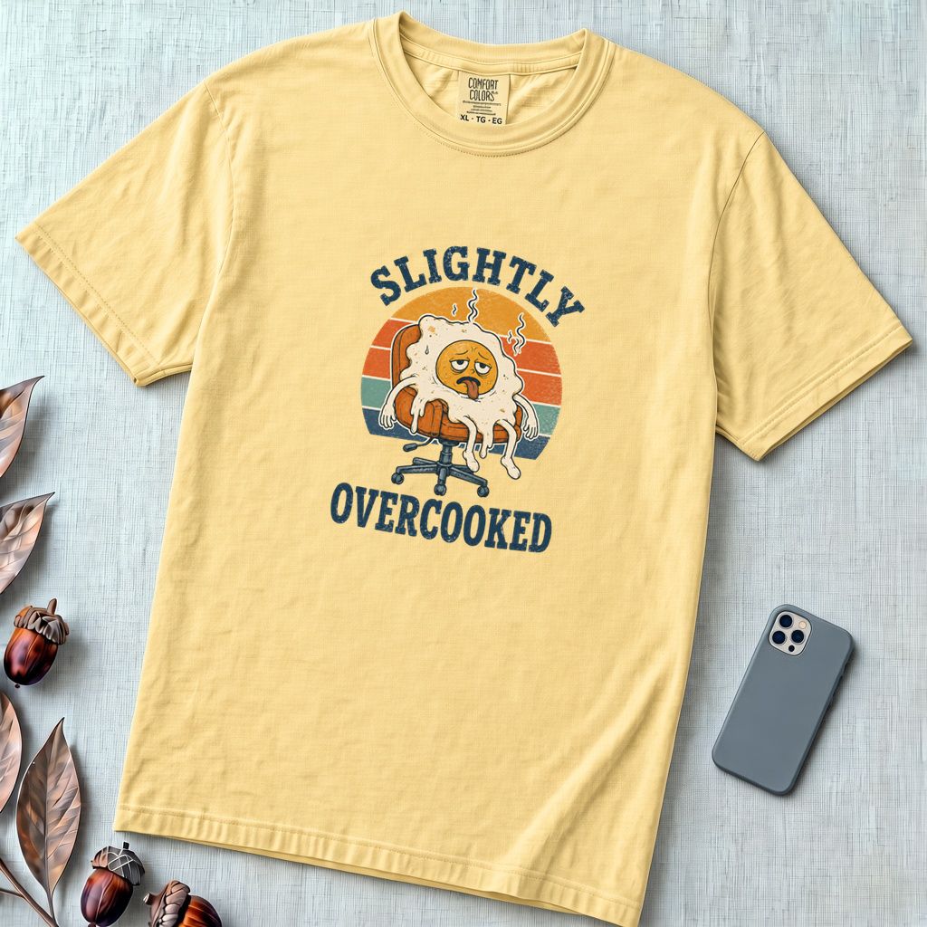 Funny Fried Egg Burnout T-Shirt, Slightly Overcooked Tee - Butter unfolded t-shirt mockup